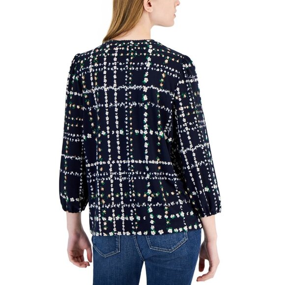 Tommy Hilfiger Women's Floral-Print Popover Blouse SIZE S NAVY MSRP $79 - Picture 3 of 3